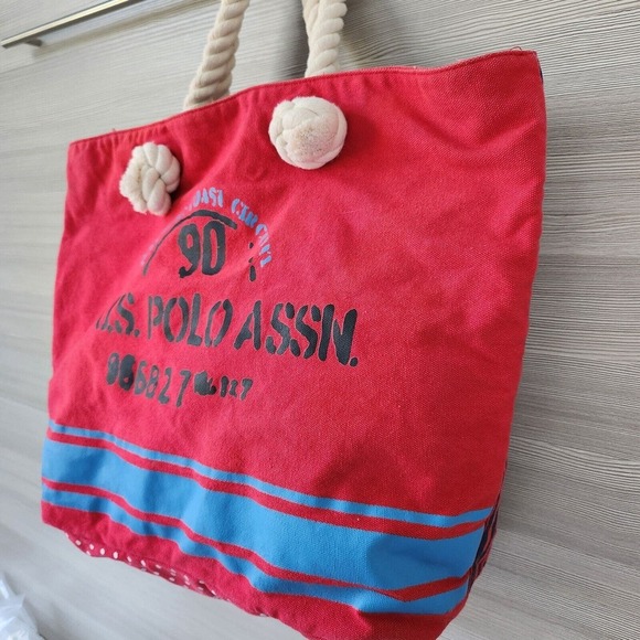 U.S. Polo Assn Cotton Red Logo Rope Handle Beach Shopper Weekend Travel Tote Bag - Picture 2 of 15